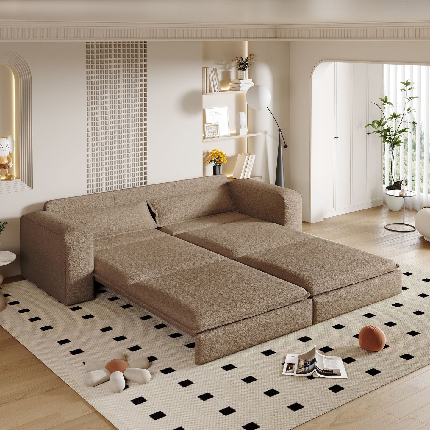 King Size Sleeper Pull Out Sofa Bed, 3 In 1 Convertible Chaise Lounge With 2 Pillows For Living Room - Camel