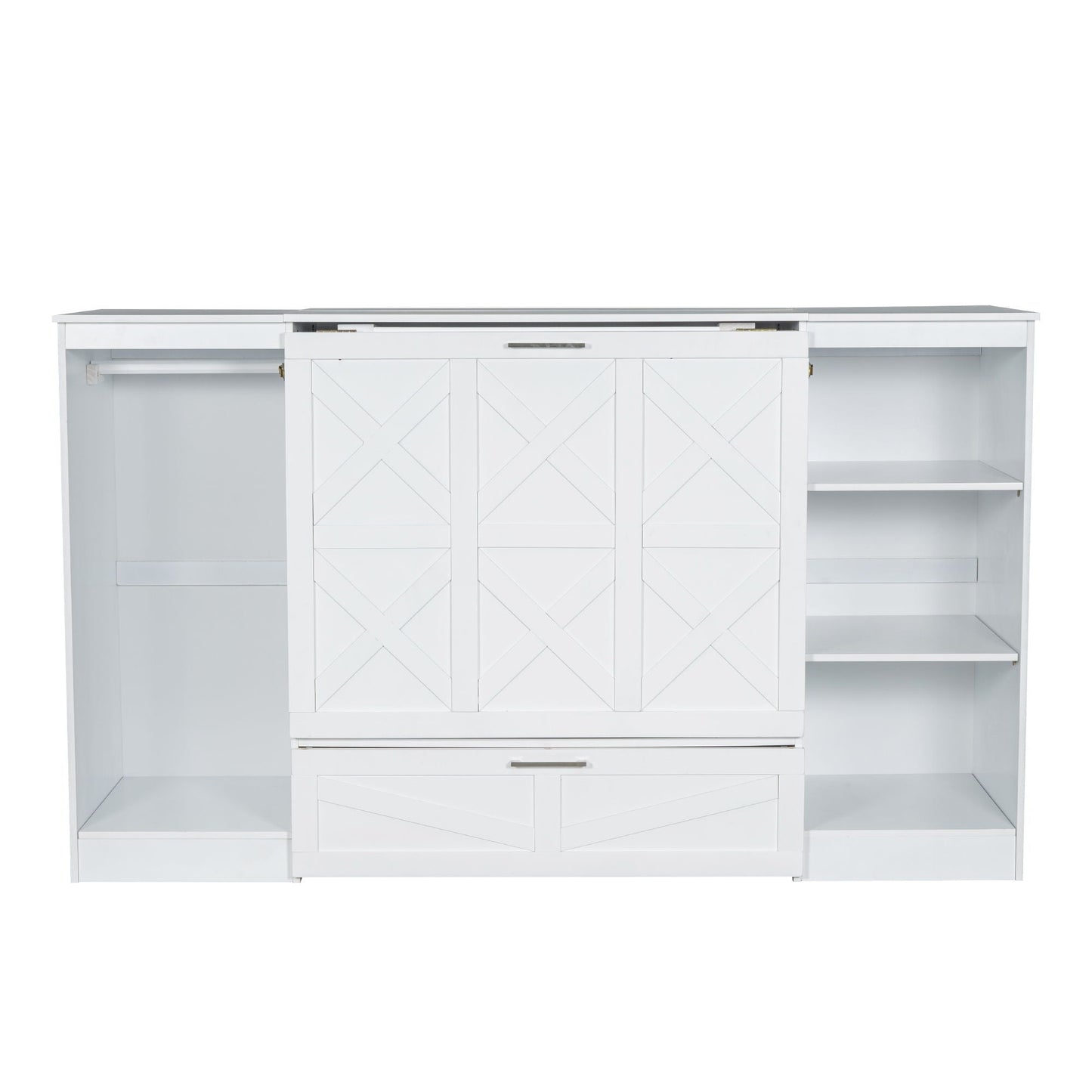 Twin Size Murphy Bed With Bedside Shelves And Wardrobe - White
