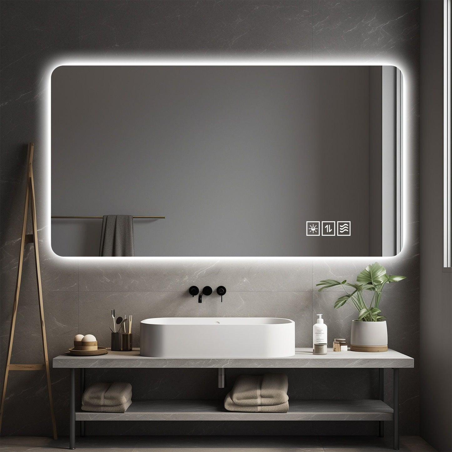 Wall Mounted LED Lighting Mirror With 3 Color Lighting, Dimming, Waterproof, Anti Fog, Touch Switch - Silver