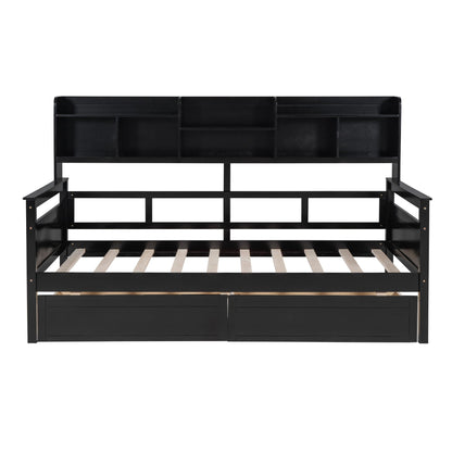Daybed, Slat Support, With Bedside Shelves And 2 Drawers