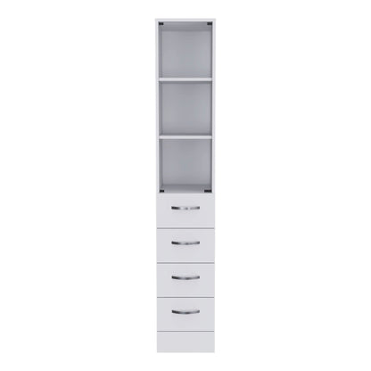 Linen Cabinet, 3 Shelves, 4 Drawers And Metal Handles - White