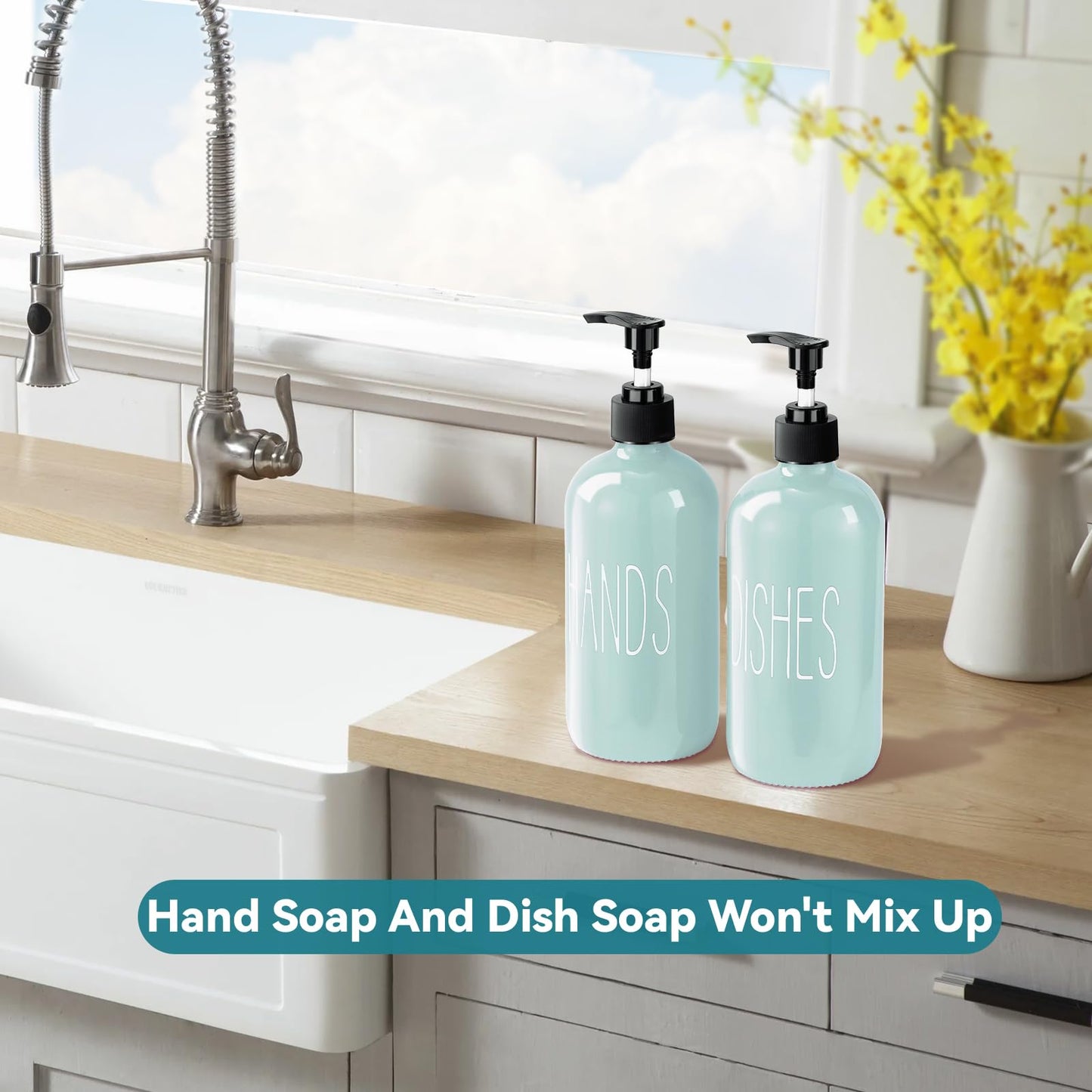 COHOSEGE Glass Soap Dispenser Set 2 Pack,16 Oz Dish Soap Dispenser for Kitchen Sink,Green Kitchen Accessories and Kitchen Decor,Green Decorations and Kitchen Utensils for Kitchen