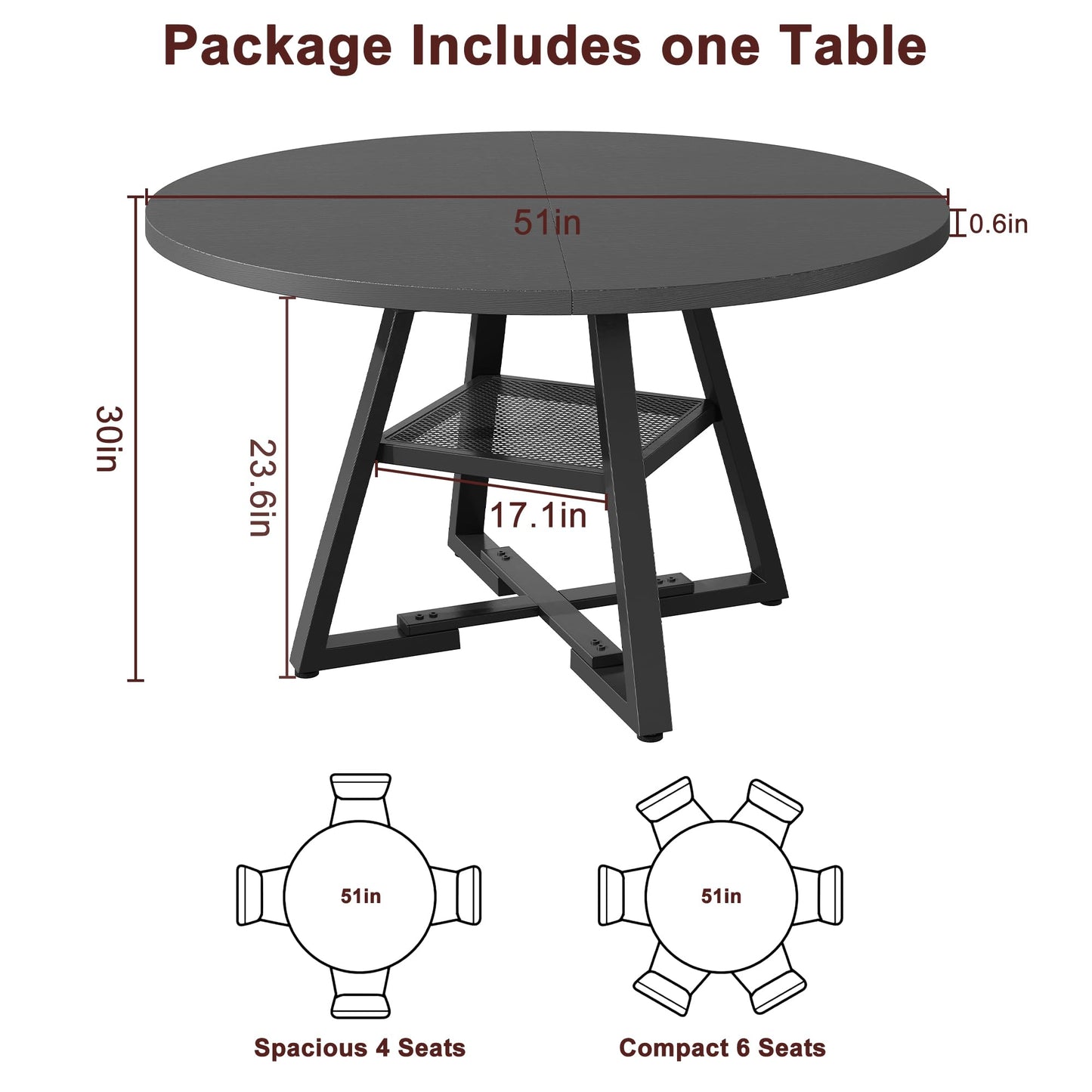 Jocoevol 51'' Round Dining Table for 6,Kitchen Dining Room Circle Dinner Pedestal Table,Space Saving Wood Kitchen & Dining Room Furniture (Black, 51In)