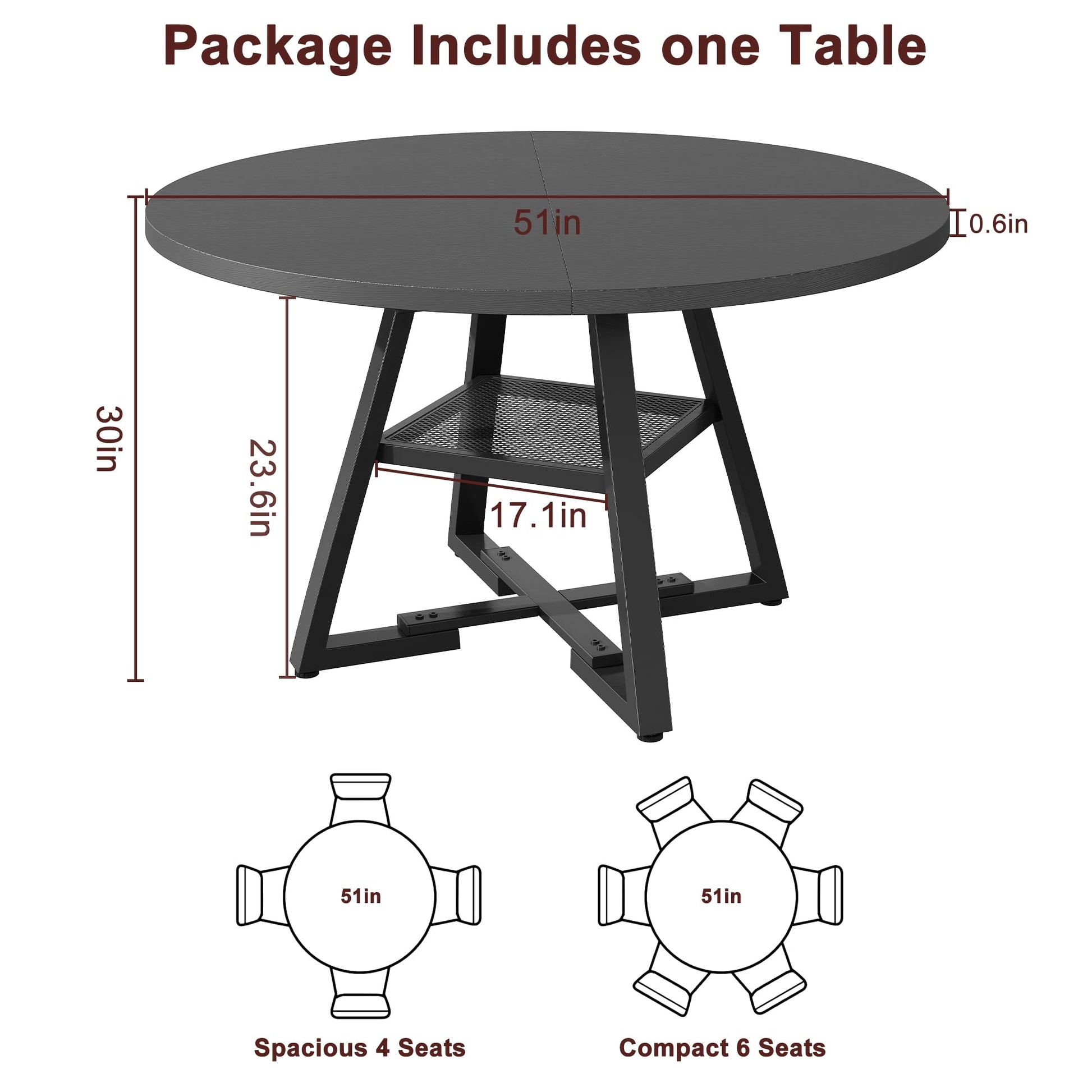 Jocoevol 51'' Round Dining Table for 6,Kitchen Dining Room Circle Dinner Pedestal Table,Space Saving Wood Kitchen & Dining Room Furniture (Black, 51In)