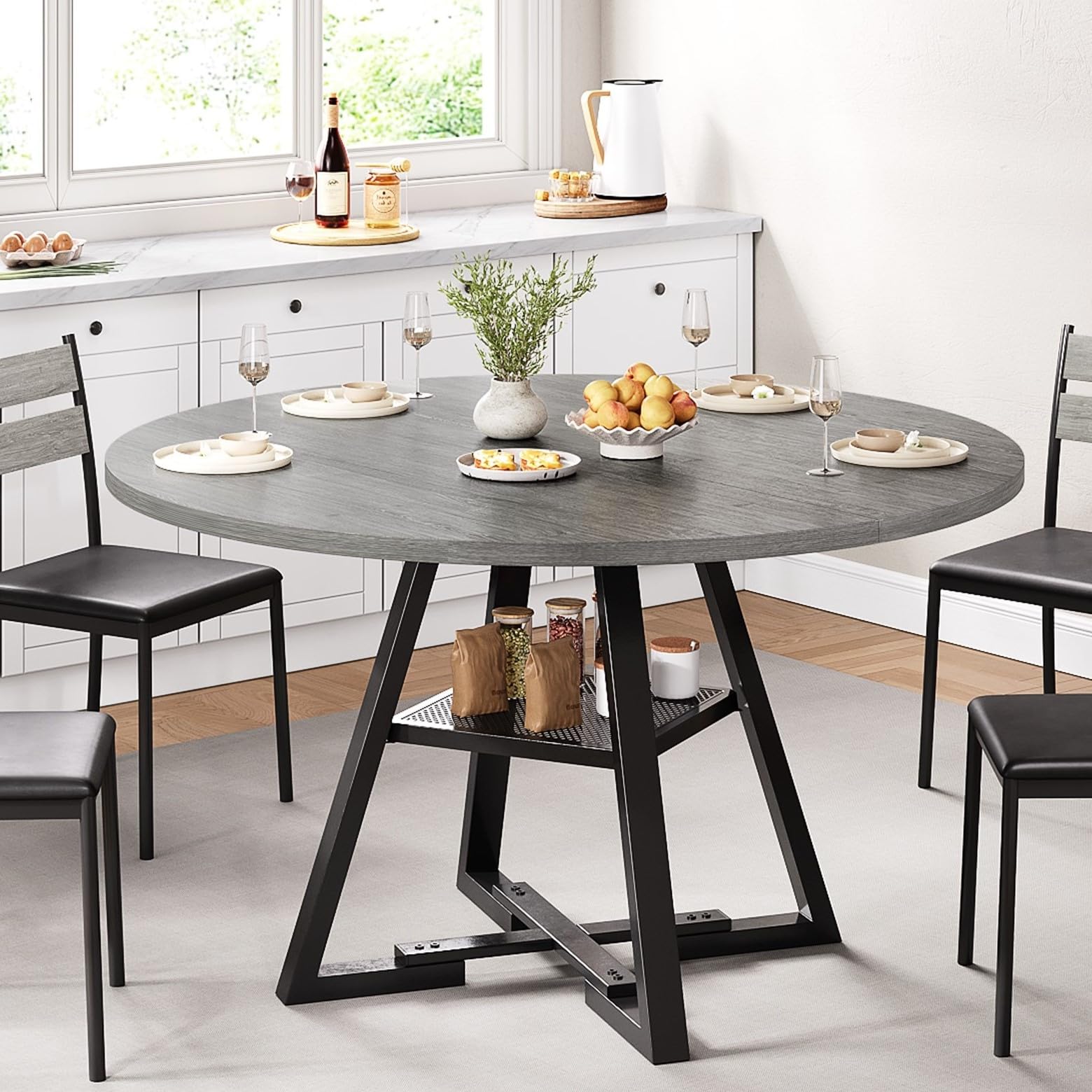 Jocoevol Round Dining Table for 4,Kitchen Dining Room Circle Dinner Pedestal Table,Space Saving Wood Kitchen & Dining Room Furniture (Grey, 47In)