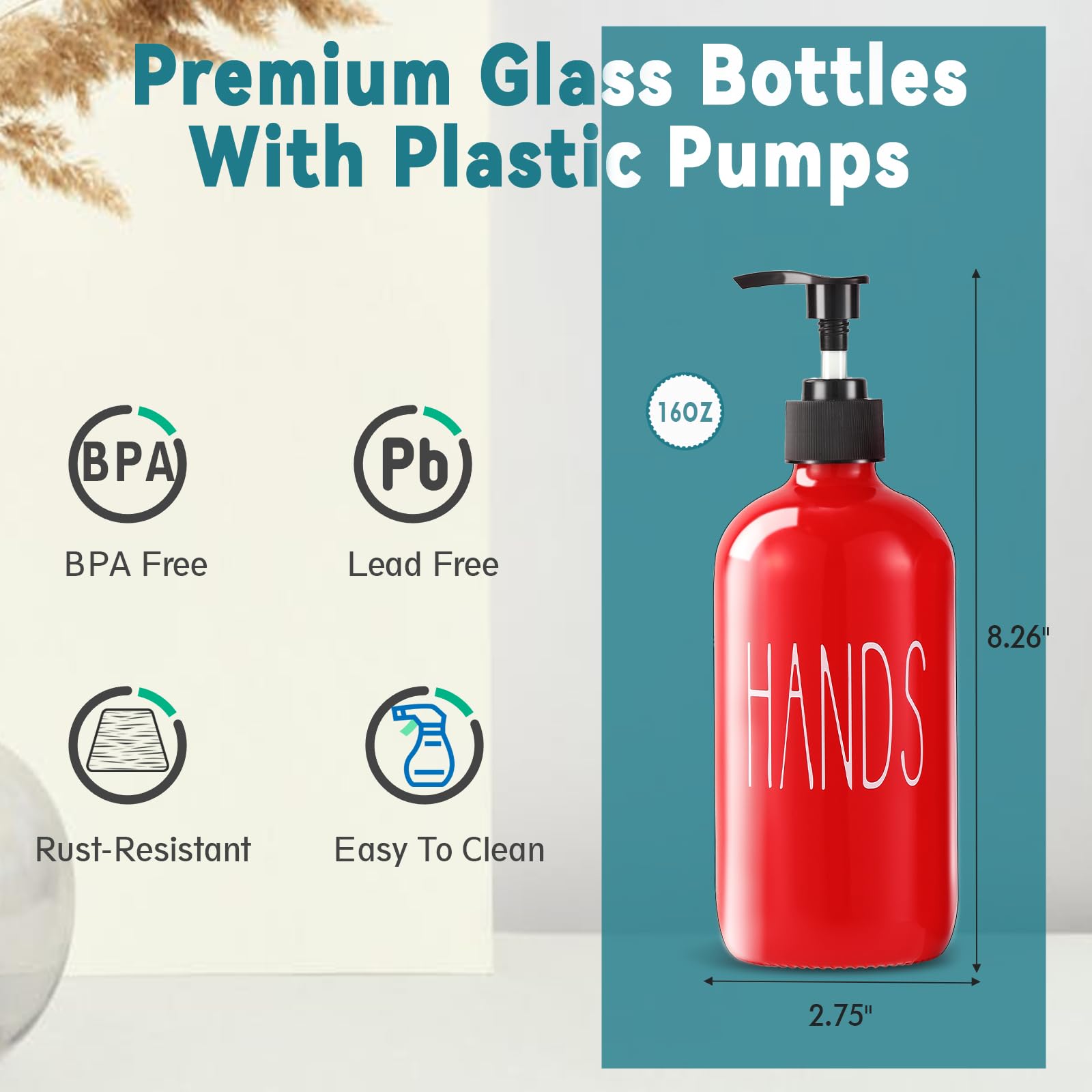 COHOSEGE Glass Soap Dispenser Set 2 Pack,16 Oz Dish Soap Dispenser for Kitchen Sink,Red Kitchen Accessories and Kitchen Decor,Red Decorations and Kitchen Utensils for Kitchen