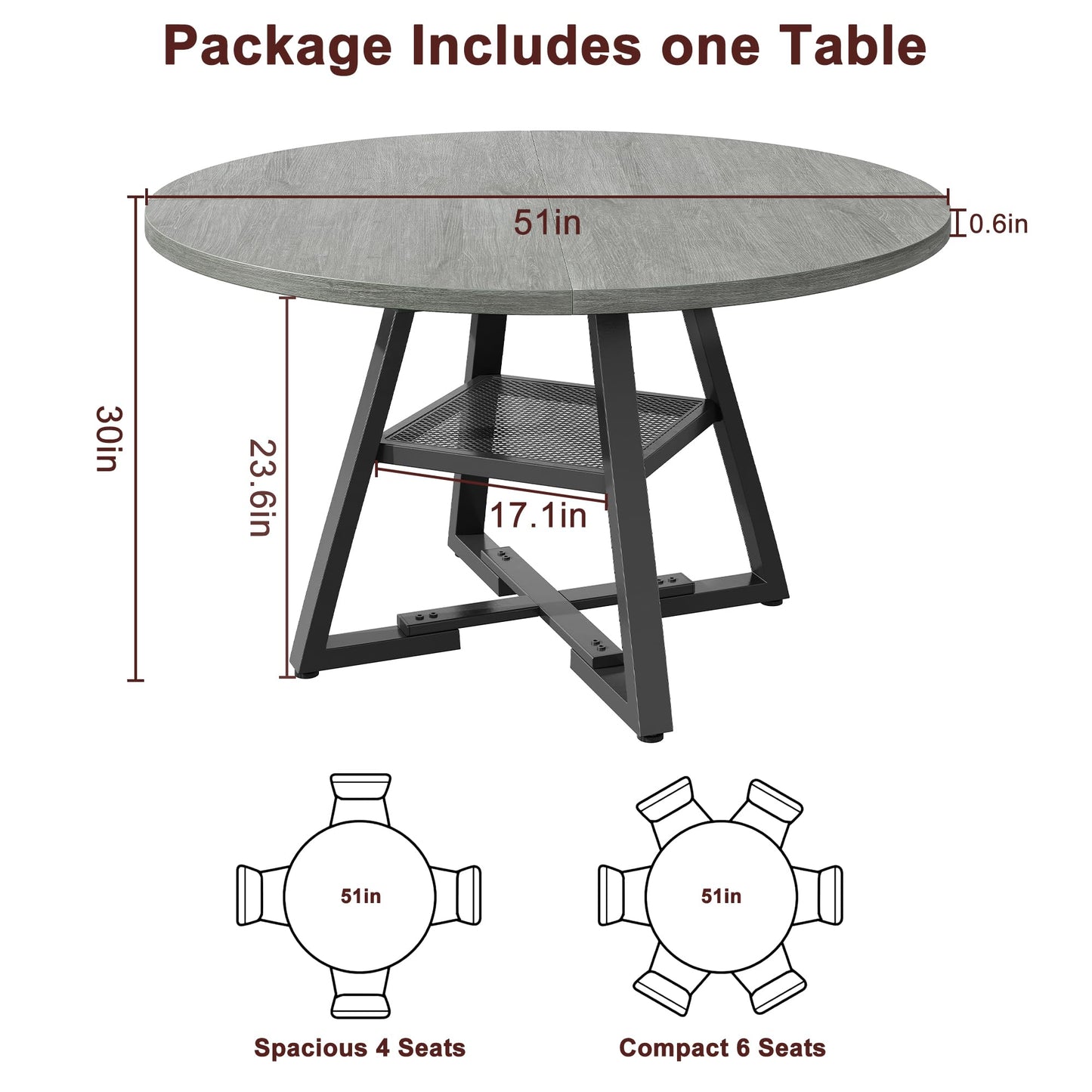 Jocoevol 51" Round Dining Table for 6,Kitchen Dining Room Circle Dinner Pedestal Table,Space Saving Wood Kitchen & Dining Room Furniture (Grey, 51In)