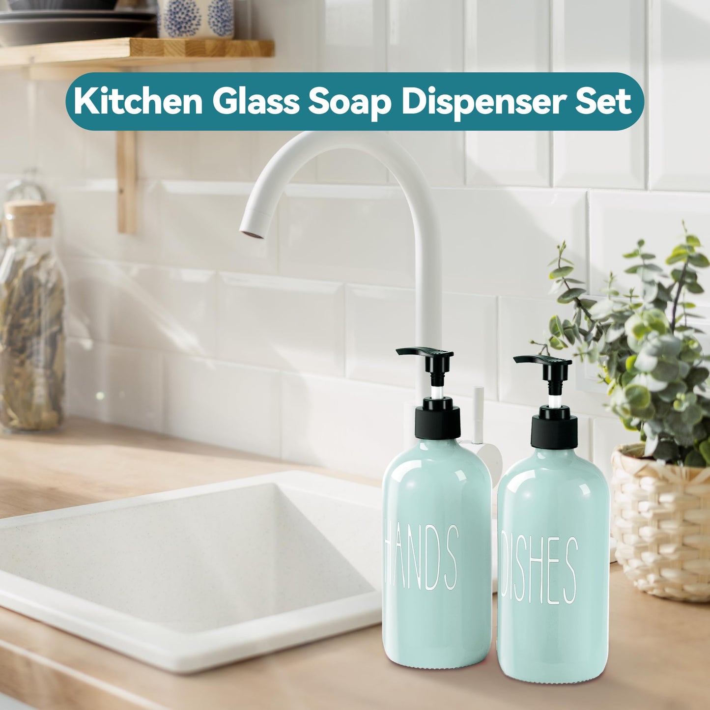 COHOSEGE Glass Soap Dispenser Set 2 Pack,16 Oz Dish Soap Dispenser for Kitchen Sink,Green Kitchen Accessories and Kitchen Decor,Green Decorations and Kitchen Utensils for Kitchen