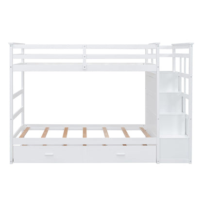 Twin Over Twin Bunk Bed With Trundle And Staircase - White
