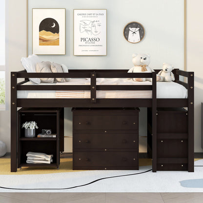 Loft Low Study Bed With Cabinet, Shelves And Rolling Portable Desk, Multiple Functions