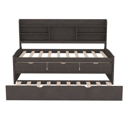 Captain Bed With Built In Bookshelves, 3 Storage Drawers, And Trundle