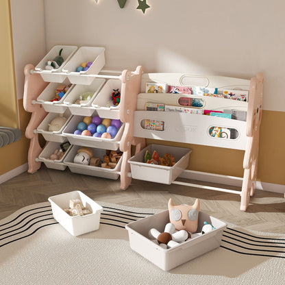 Kids Toy Storage Organizer With 2 Tier Bookshelf, Toy Storage With 12 Bins