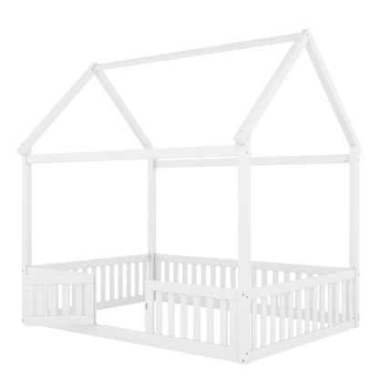 Wood House Bed With Fence And Door