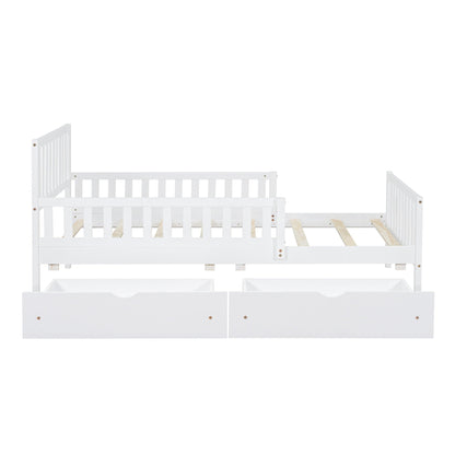 Platform Bed With Guardrails On Both Sides And 2 Storage Drawers