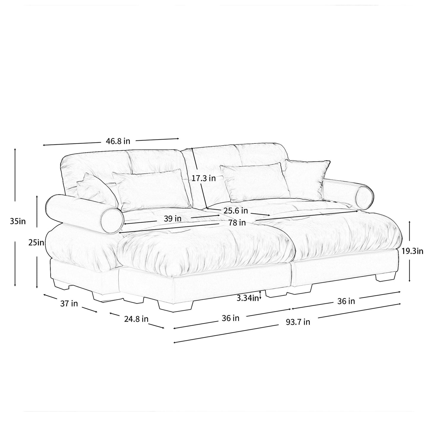 Modern Sectional Sofa With Ottoman, Round Bolster Armrests, Waist And Throw Pillows