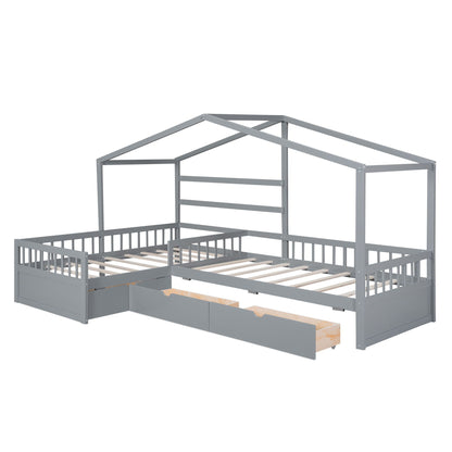 L Shape Platform Bed With 3 Storage Drawers