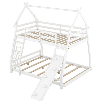 Twin Over Queen House Bunk Bed With Climbing Nets And Climbing Ramp