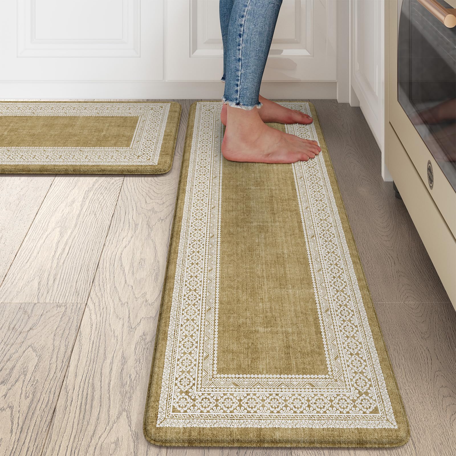 Ailsan Kitchen Mats for Floor Anti Fatigue,Cushioned Kitchen Floor Mats 2 PCS,Non Slip Kitchen Rug Waterproof,Memory Foam Kitchen Mat for Kitchen Sink Laundry,Khaki