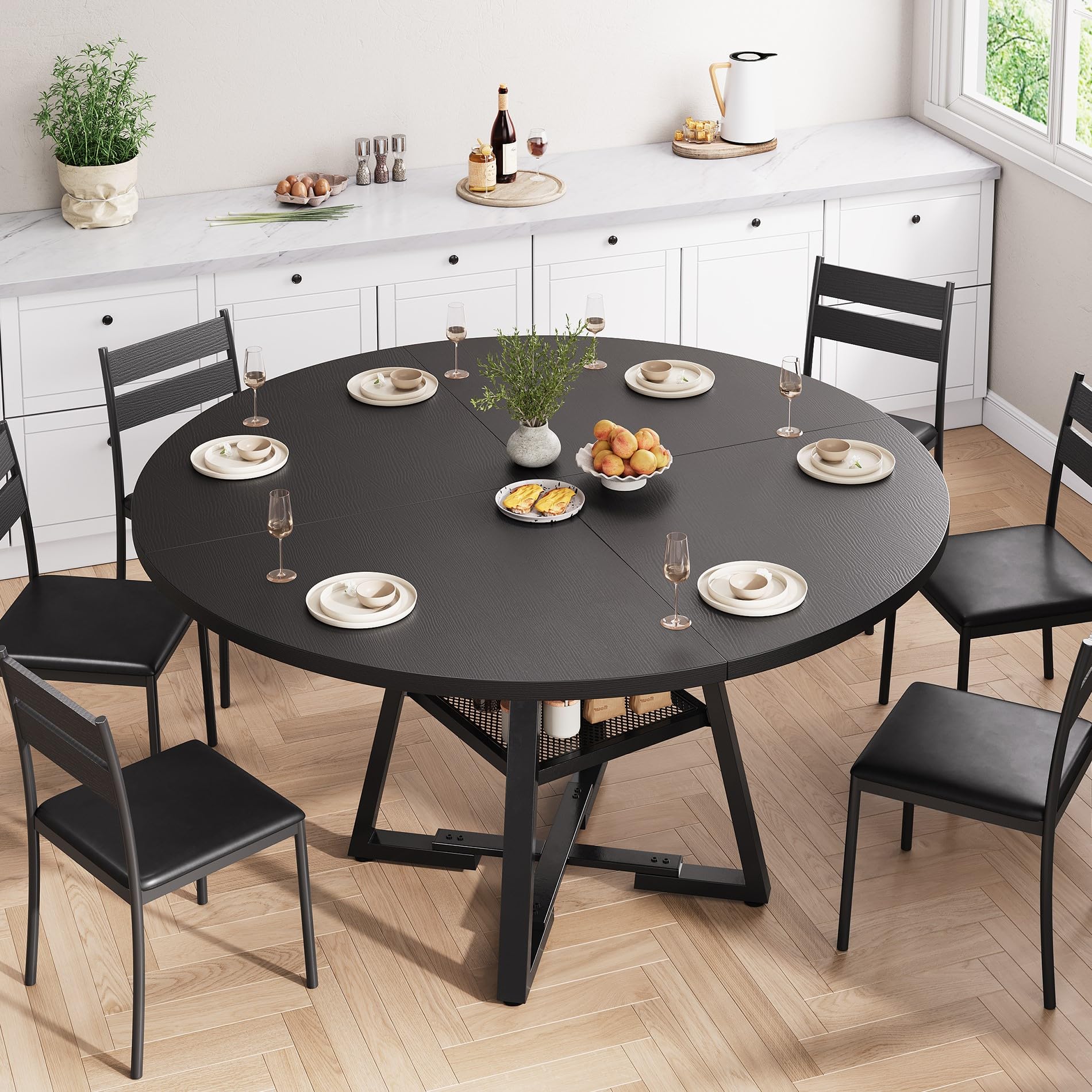 Jocoevol 51'' Round Dining Table for 6,Kitchen Dining Room Circle Dinner Pedestal Table,Space Saving Wood Kitchen & Dining Room Furniture (Black, 51In)