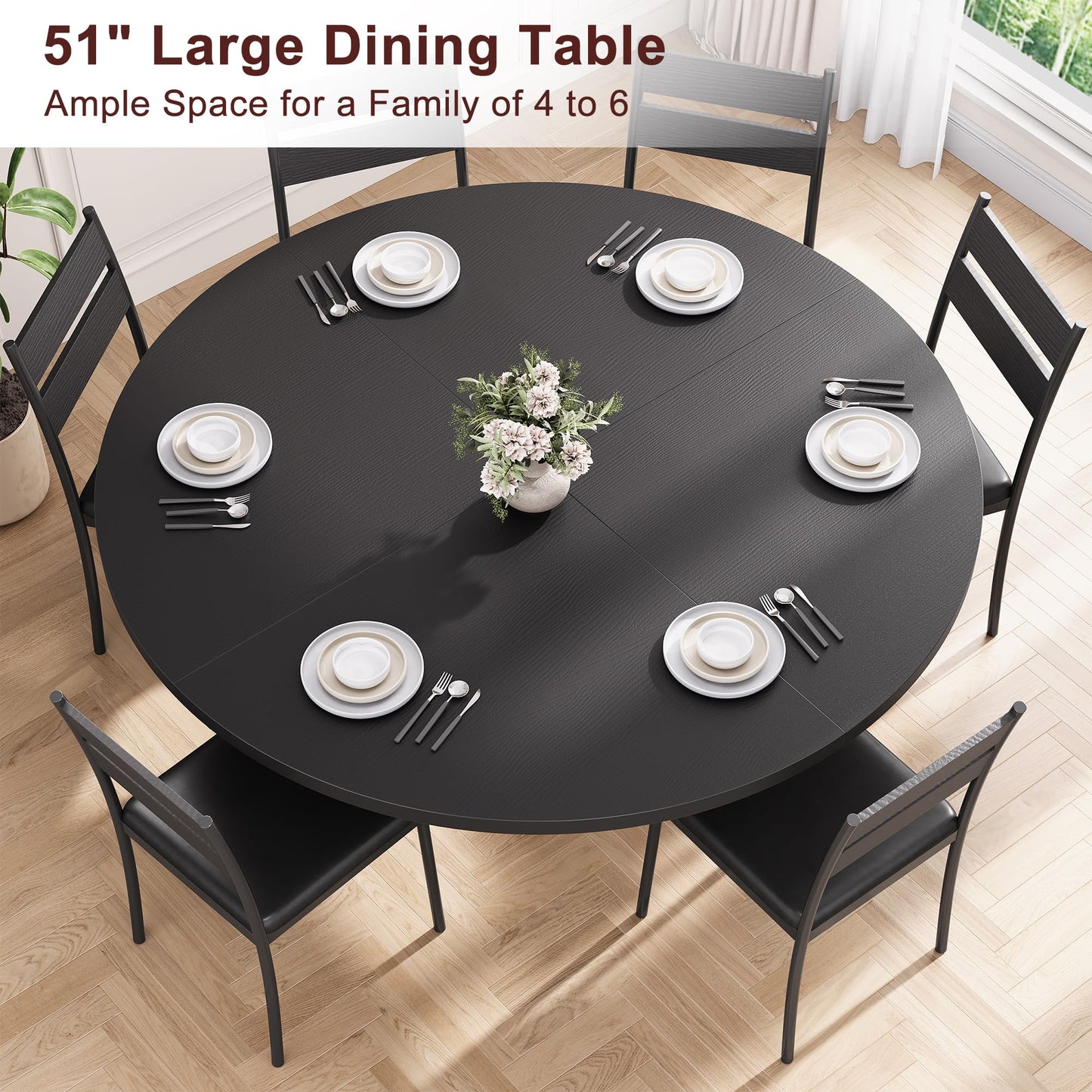 Jocoevol 51'' Round Dining Table for 6,Kitchen Dining Room Circle Dinner Pedestal Table,Space Saving Wood Kitchen & Dining Room Furniture (Black, 51In)