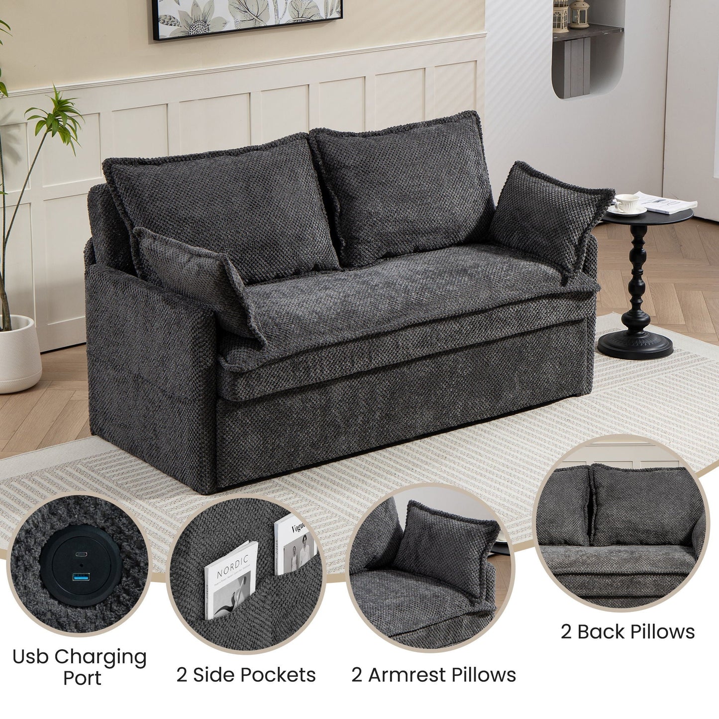 Pull Out Sofa Bed, Convertible Sleeper Sofa Couch, Side Storage, And USB / C - Type Charging Ports Chair