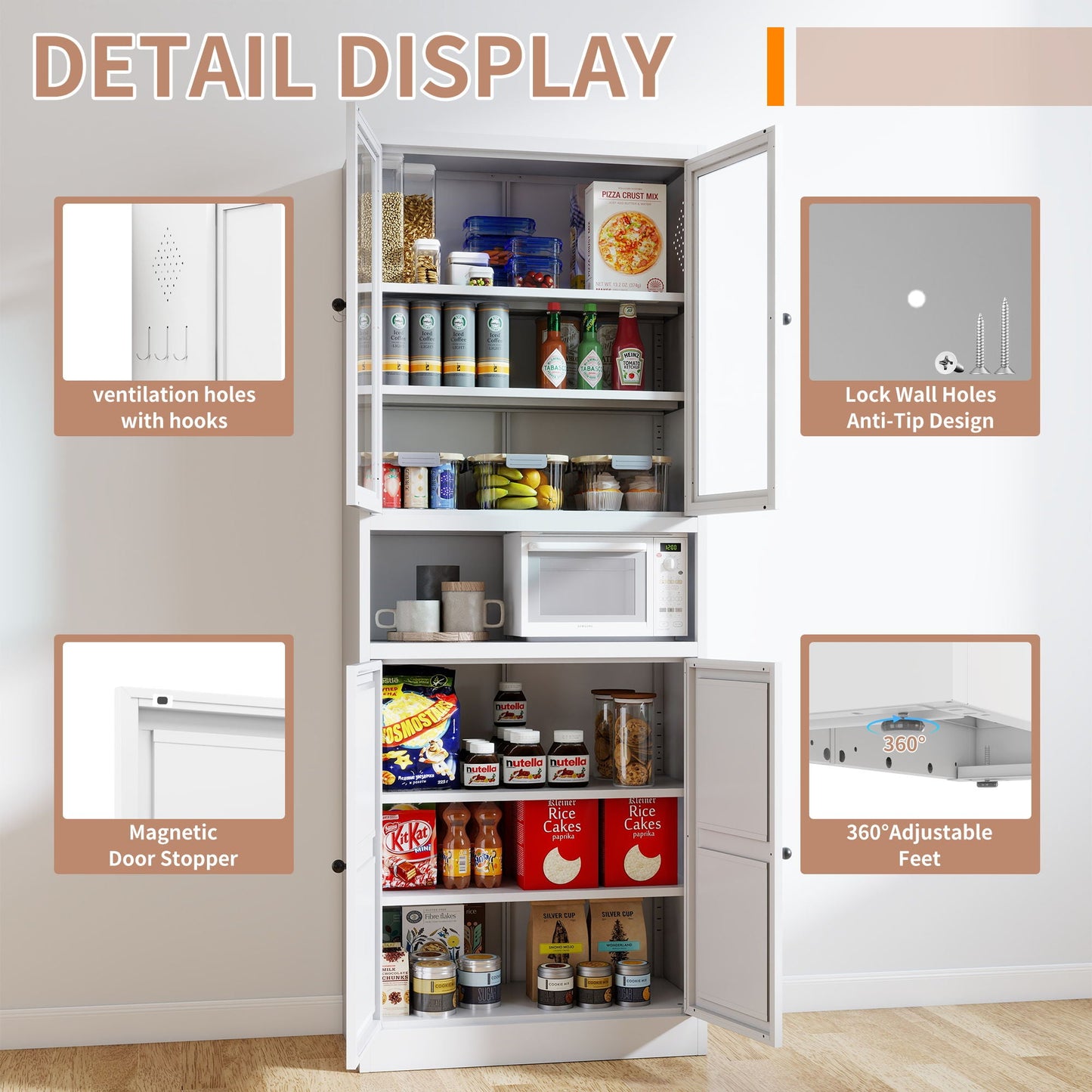 Metal Kitchen Pantry Cabinet Tall Storage With Adjustable Shelves, Heavy Duty Stainless Steel Frame - White