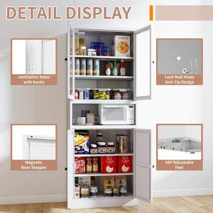 Metal Kitchen Pantry Cabinet Tall Storage With Adjustable Shelves, Heavy Duty Stainless Steel Frame - White