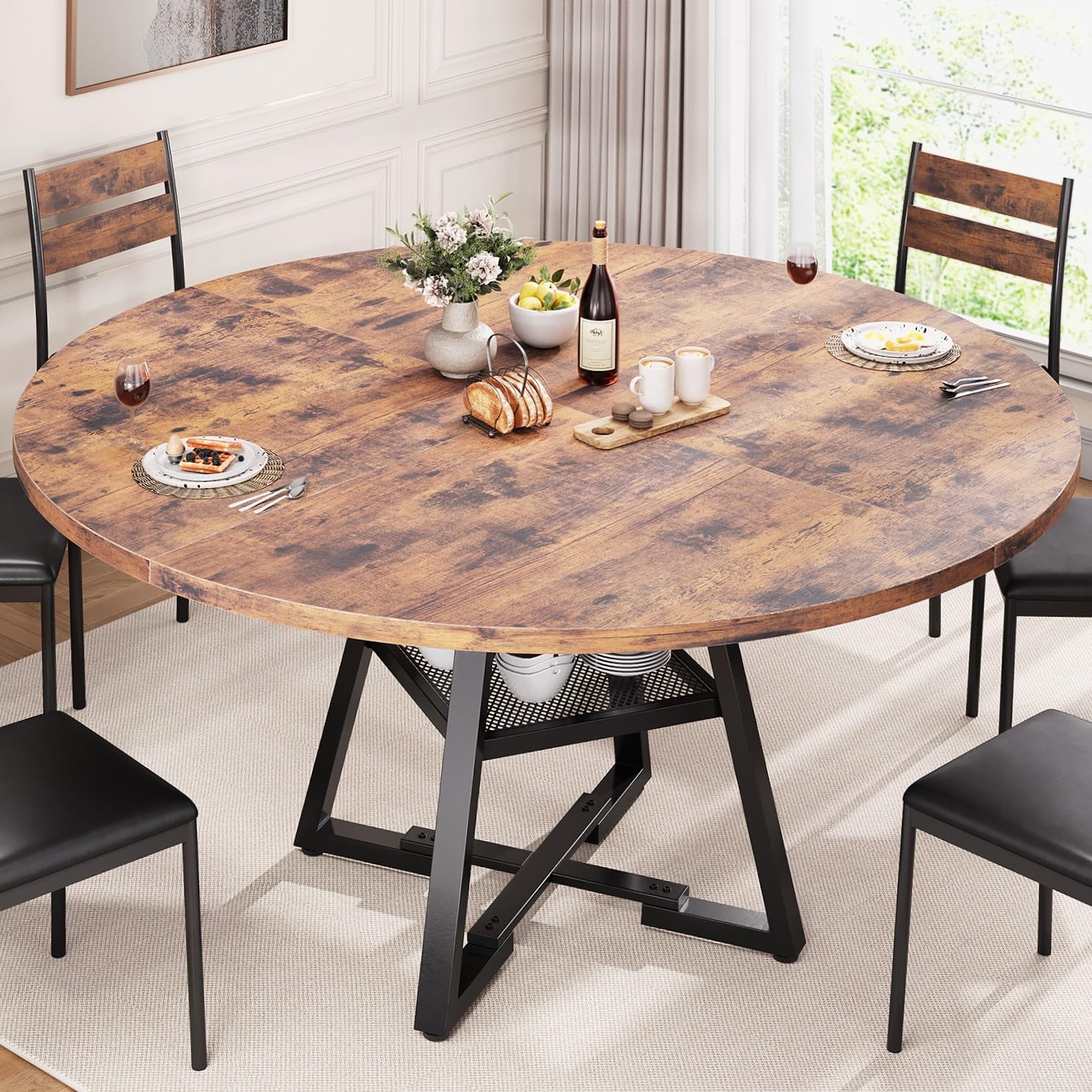 Jocoevol 51'' Round Dining Table for 6,Kitchen Dining Room Circle Dinner Pedestal Table,Space Saving Wood Kitchen & Dining Room Furniture (Vintage, 51In)