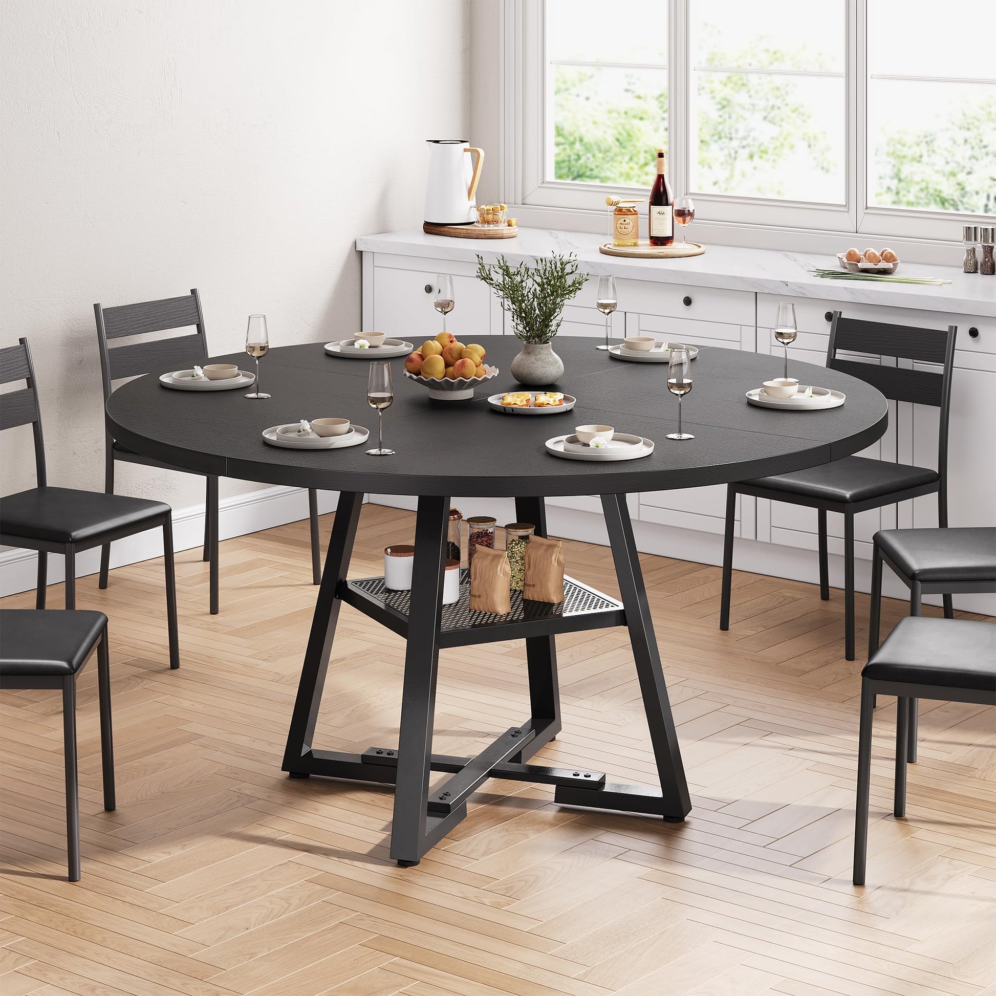 Jocoevol 51'' Round Dining Table for 6,Kitchen Dining Room Circle Dinner Pedestal Table,Space Saving Wood Kitchen & Dining Room Furniture (Black, 51In)
