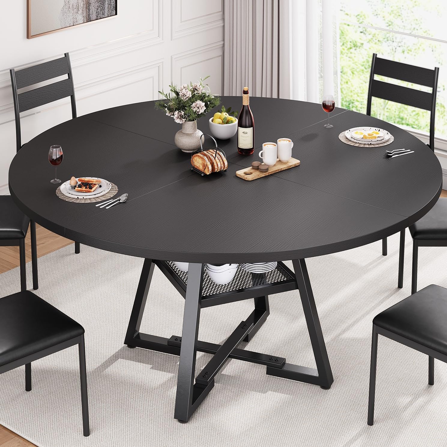 Jocoevol 51'' Round Dining Table for 6,Kitchen Dining Room Circle Dinner Pedestal Table,Space Saving Wood Kitchen & Dining Room Furniture (Black, 51In)