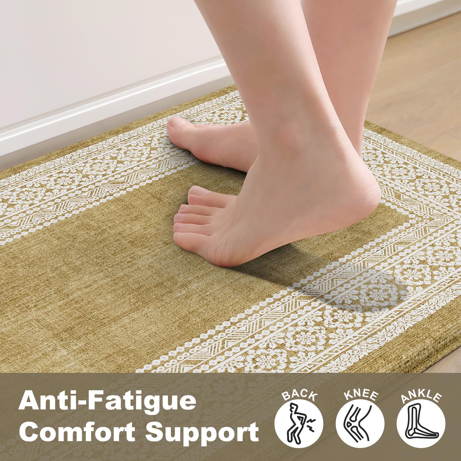 Ailsan Kitchen Mats for Floor Anti Fatigue,Cushioned Kitchen Floor Mats 2 PCS,Non Slip Kitchen Rug Waterproof,Memory Foam Kitchen Mat for Kitchen Sink Laundry,Khaki