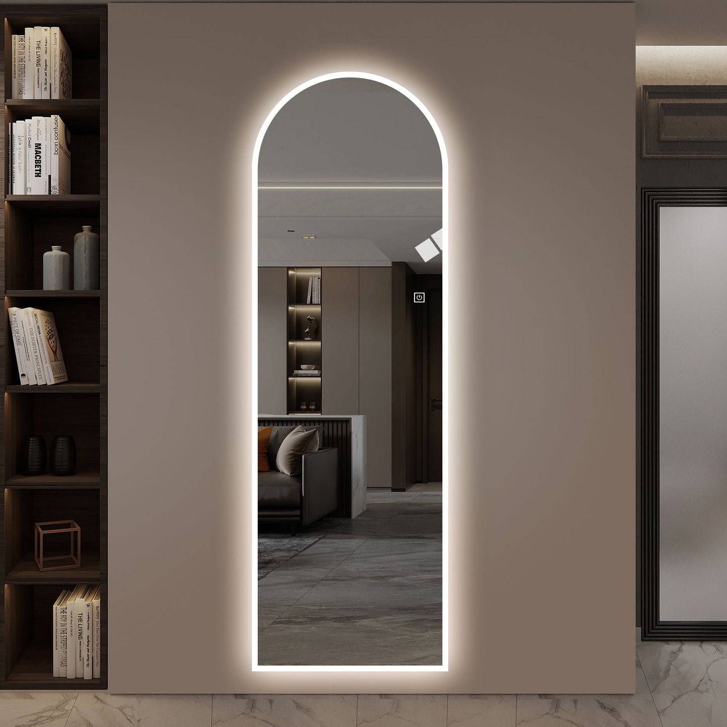 LED Full Length Wall Mirror With Symmetrical Arch Design, Dimmable 3 Color Temperature Lighting - Silver