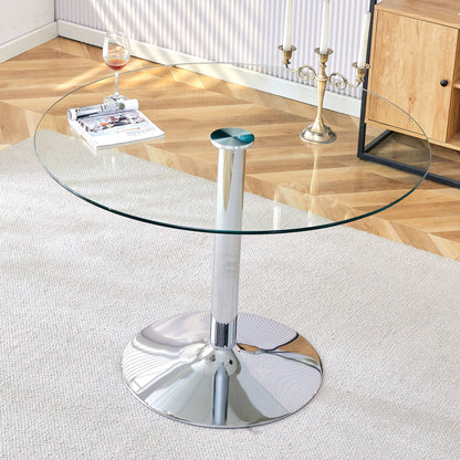 Modern Minimalist Circular Dining Table With Glass Top And Electroplated Metal Legs For Restaurants And Living Rooms - Silver / Transparent