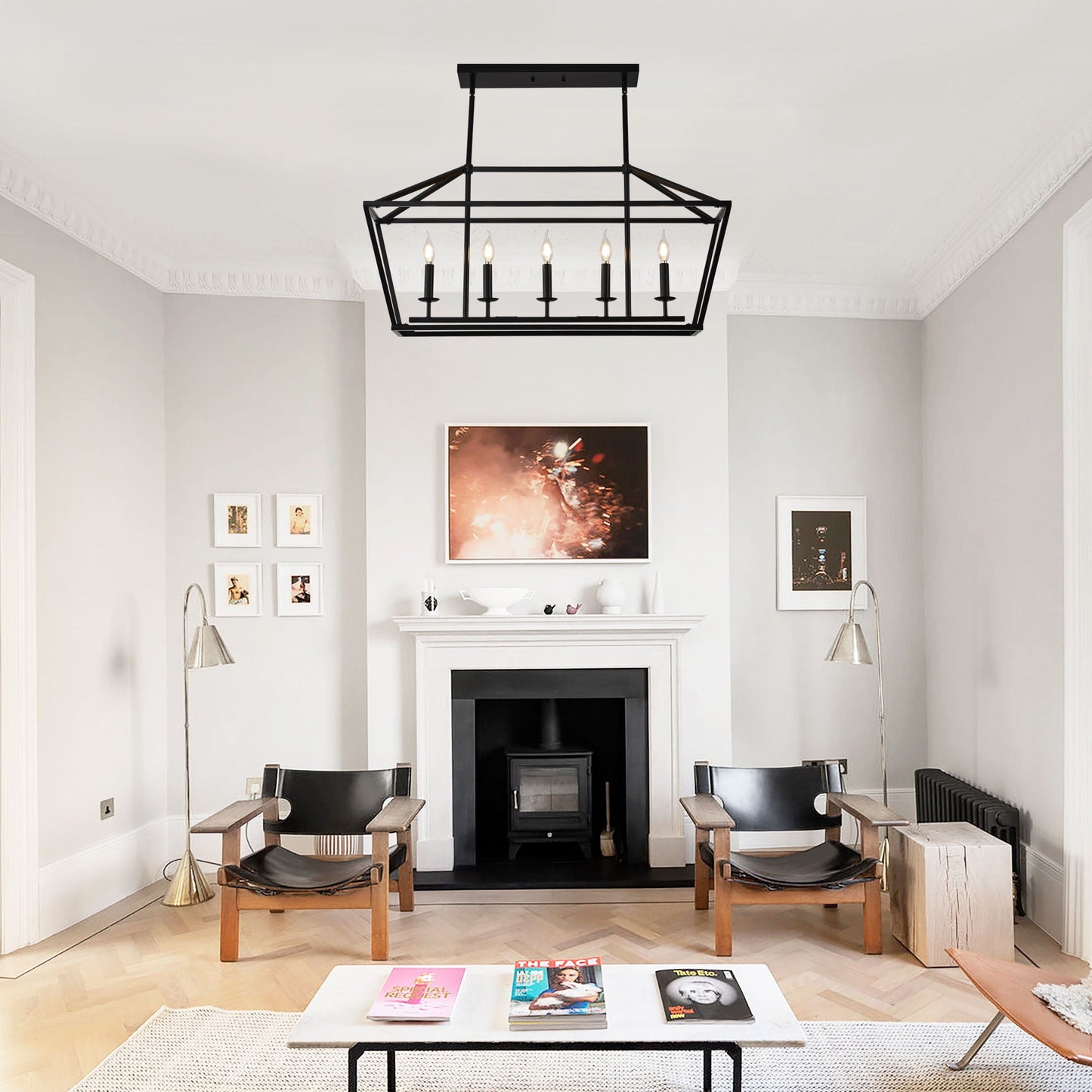 5 Light Farmhouse Kitchen Island Lighting, 5 Light Industrial Linear Chandelier For Dining Room Metal Hanging Pendant Light Fixture For Bedroom Living Room Hallway Conference Room - Matte Black