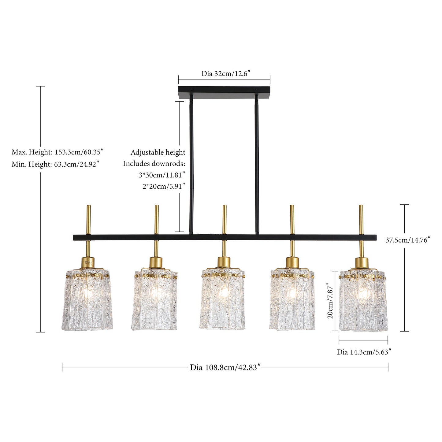 Chandelier 5 Light, Fixture Over Table - Black / Gold