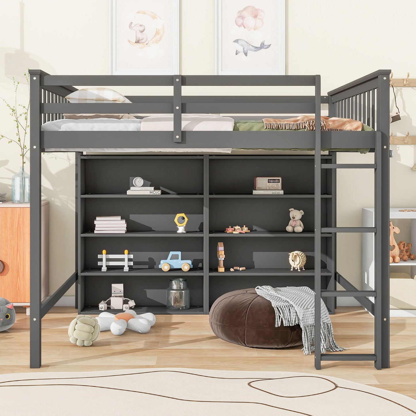 Loft Bed With 8 Open Storage Shelves And Built In Ladder