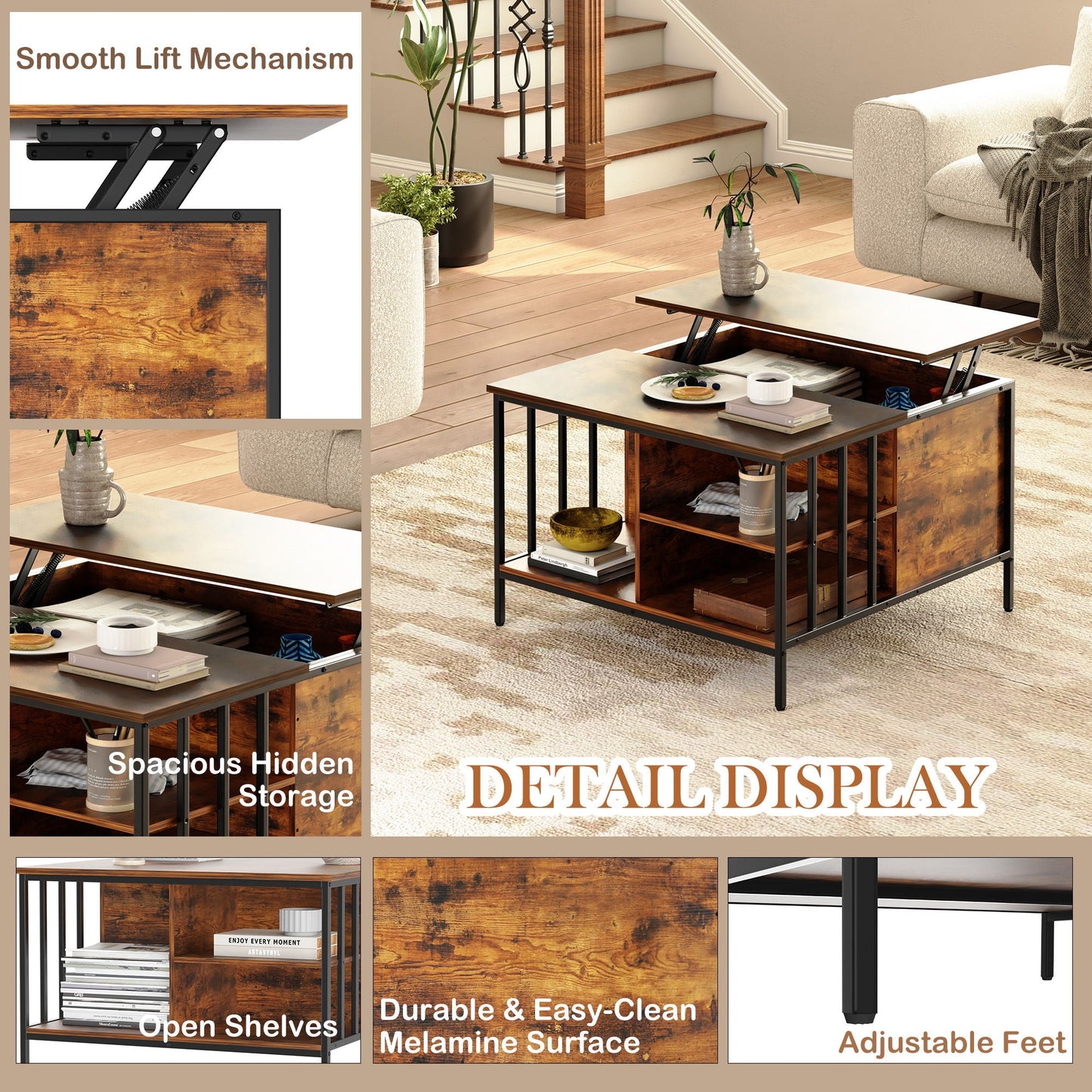 Lift Top Coffee Table With Storage, Adjustable Height Living Room - Black / Brown