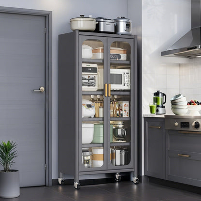 6 Tier Storage Cabinet With Transparent Door, Adjustable Shelves & Wheels