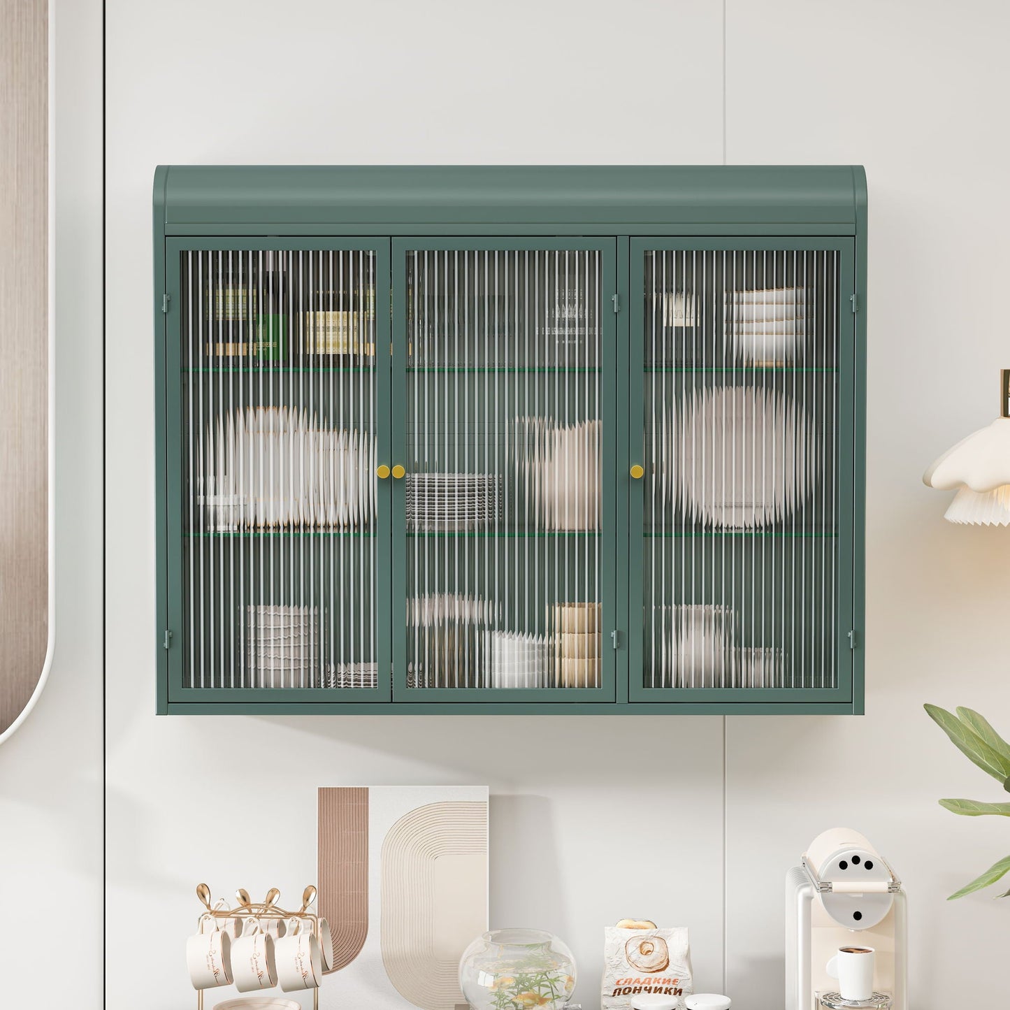 Arched Wall Mounted Cabinet, 3 Door Storage For Kitchen - Dark Green