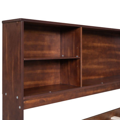 Full Size Captain Bed With Built In Storage Shelves, 4 Drawers And 2 Cabinets - Antique Brown