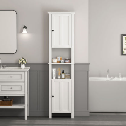 Wooden Bathroom Floor Storage Cabinet With 2 Doors And 6 Shelves - White