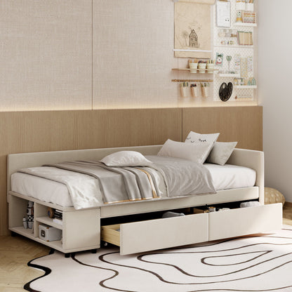 L Shaped Upholstered Platform Bed With Storage And Drawers
