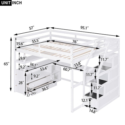 Loft Bed With Desk, Shelves, 2 Drawers, Storage Staircase