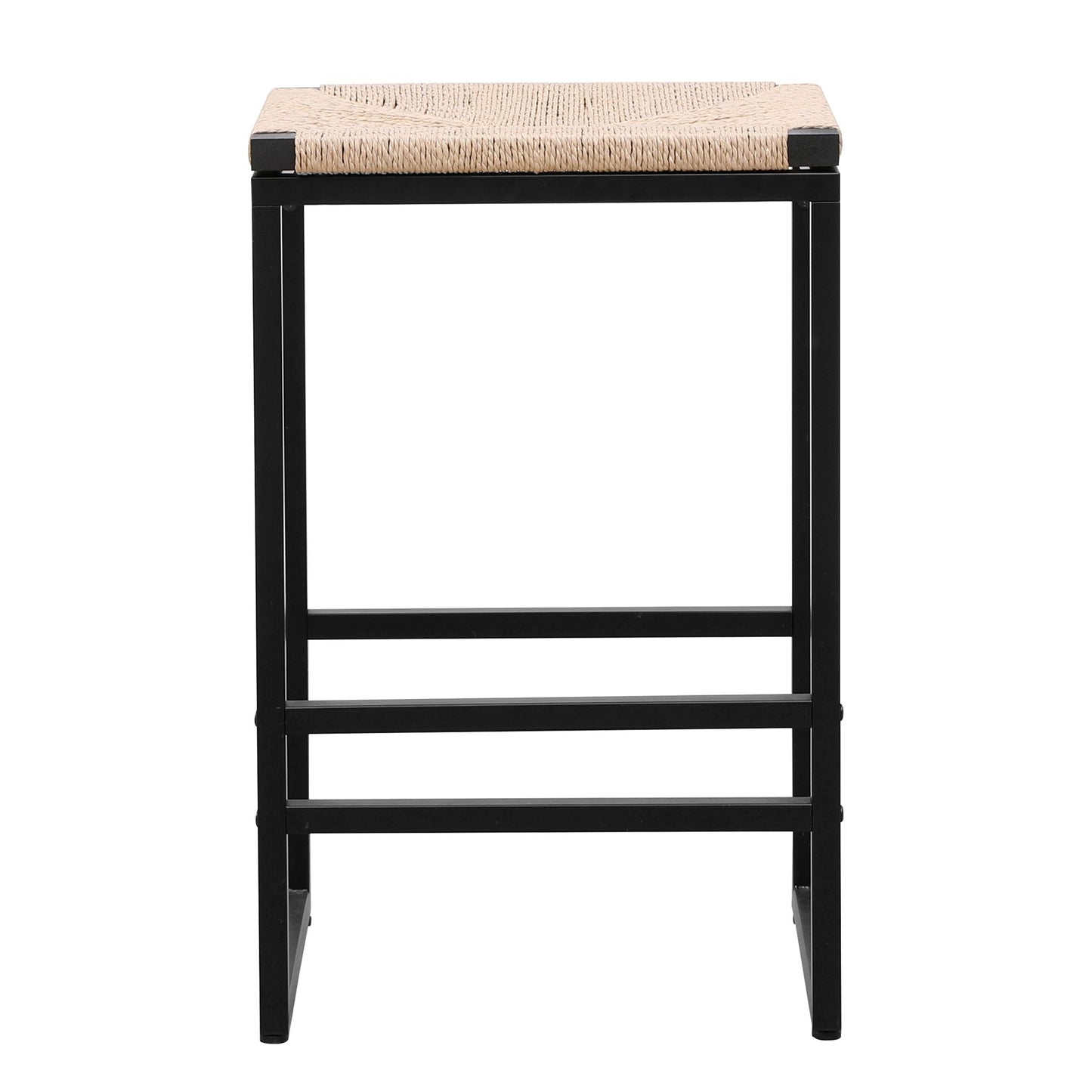 Boho Style Backless Bar Stools (Set of 2) With Paper Rope Woven Seat & Metal Frame For Kitchen Counter