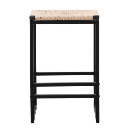 Boho Style Backless Bar Stools (Set of 2) With Paper Rope Woven Seat & Metal Frame For Kitchen Counter