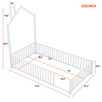 Metal House Platform Bed With Guardrail And Chimney