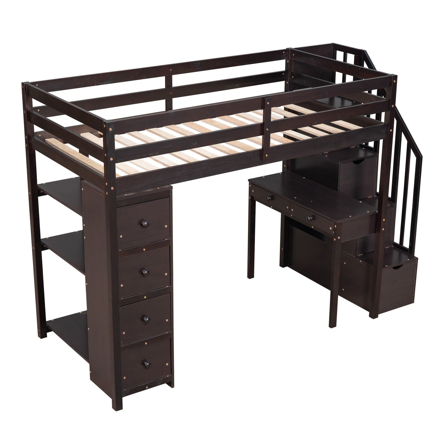 Loft Bed With Storage Drawers, Desk And Stairs With Shelves