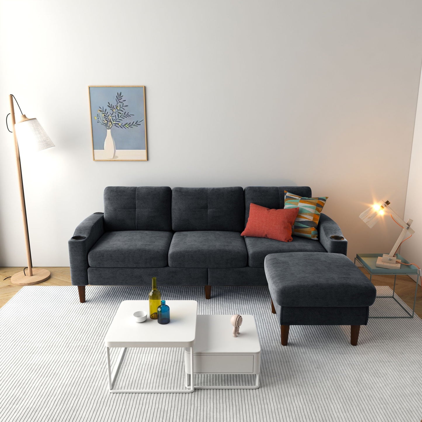 3 Seater Convertible Combination L Shaped Sofa With Footstools With Storage
