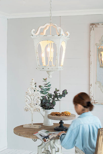 4 Light Wood Chandelier, Hanging Light Fixture With Adjustable Chain For Kitchen, Bulb Not Included - Cream White