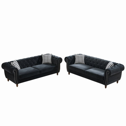 Chesterfield Upholstery Fabric Sofa With Roll Armrest & Nailhead, Mid Century Modern 3 And 3 Seater Couch